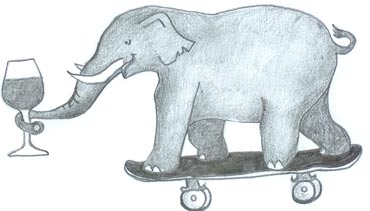 Elephant enjoying a glass of Burgundy while skateboarding